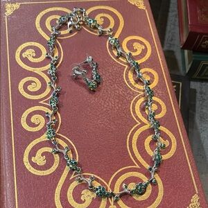 Silver-Tone Necklace and Earrings Set with Emerald Floral Accents